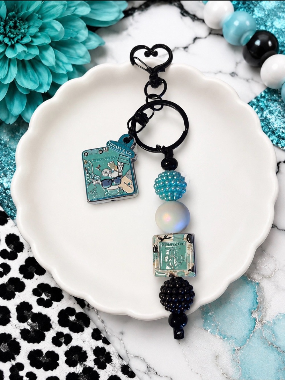 Hand Crafted Turquoise and Black Beaded Inspired Keychain